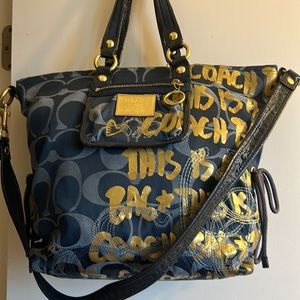 COACH Blue Gold Signature Canvas Poppy Graffiti Glam Tote FREE SHIPPING